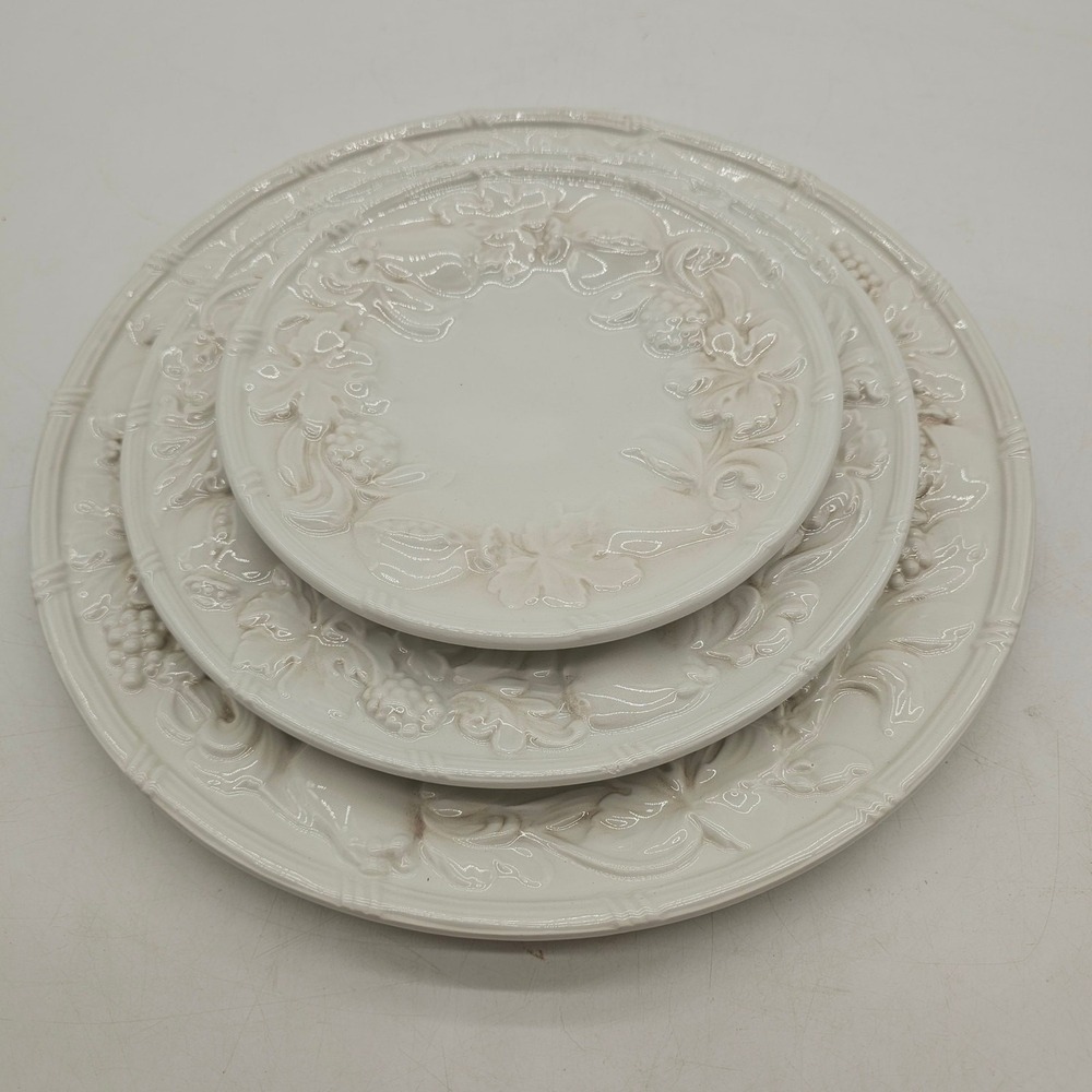 Vintage Pier 1 Pomegranate Plates Set White 11" Dinner, 9" Salad , 7" Bread.